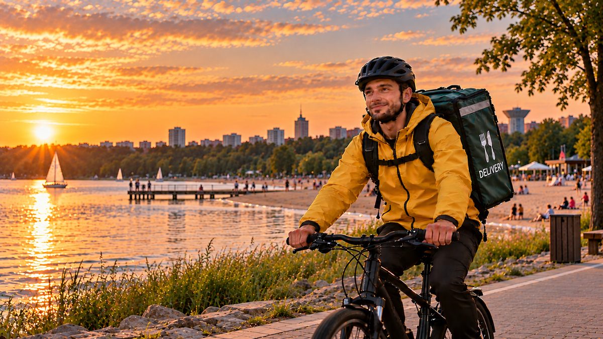 Food delivery courier on a bike — Dabrowa Gornicza