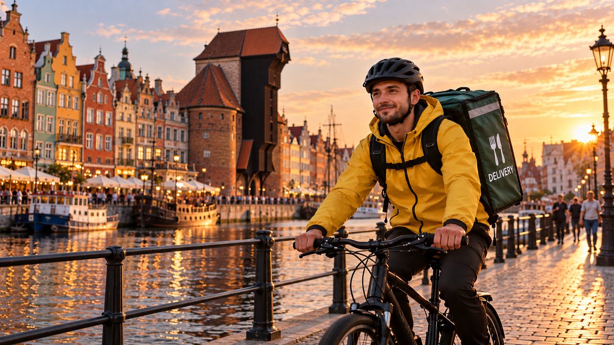 Food delivery courier on a bike — Gdansk