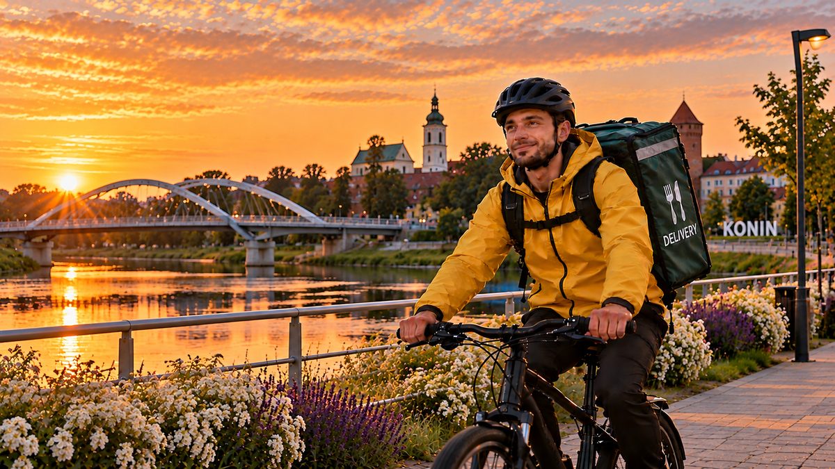 Food delivery courier on a bike — Konin