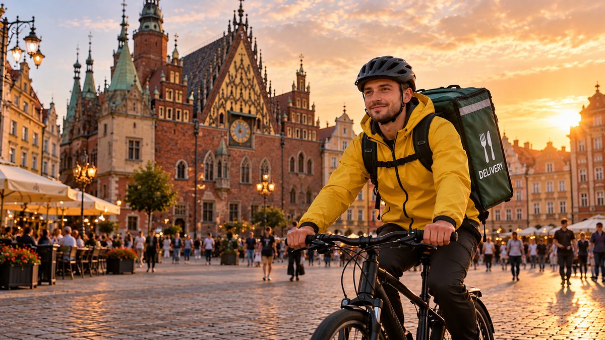Food delivery courier on a bike — Wroclaw